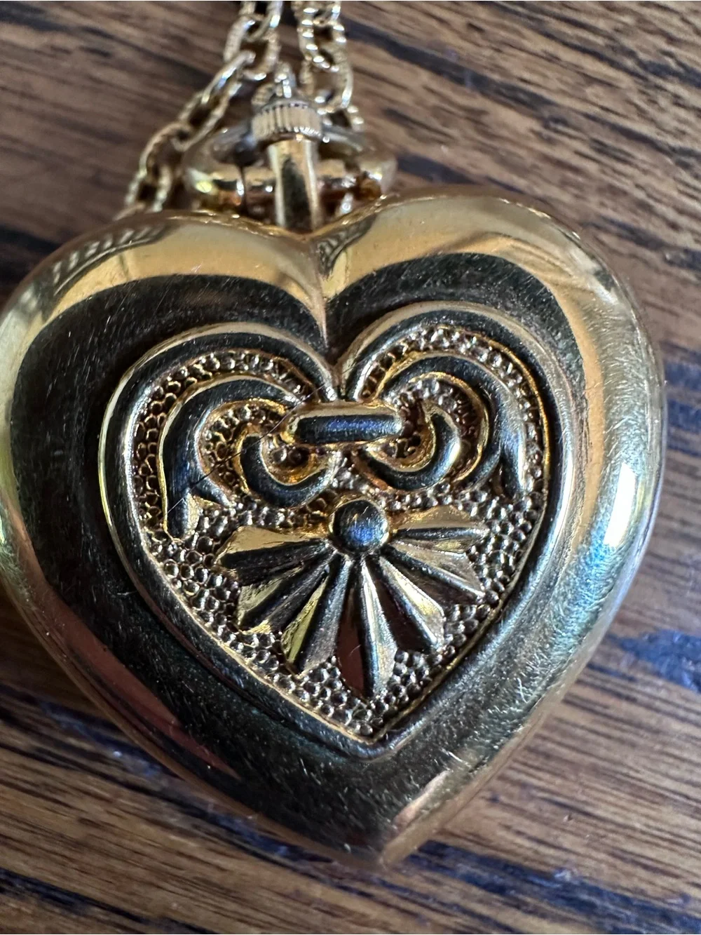 Trio of Gold Heart Pendant Watch Necklace with 2 Floral Lockets.  Vintage